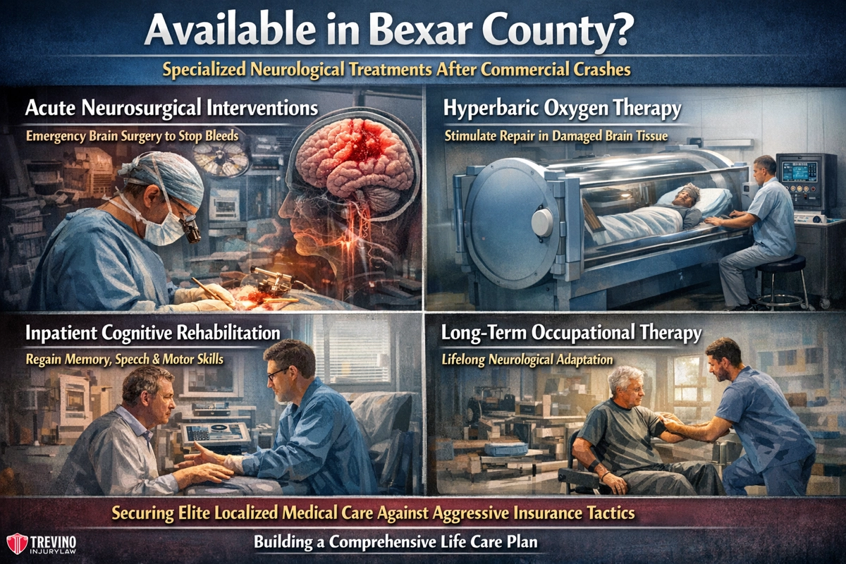 Specialized-neurological-treatments-after-commercial-crashes. A medical infographic with four scenes: brain surgery, a patient in a hyperbaric oxygen chamber, a rehab session with memory cards, and a therapist assisting a patient walking. Text highlights specialized neurological treatments post-crash in Bexar County.