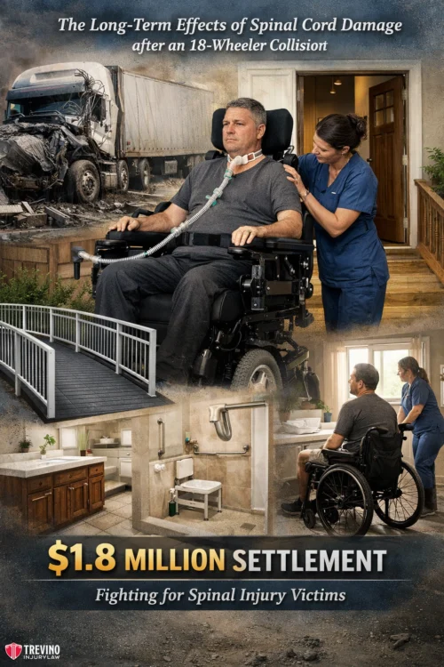 Spinal-cord-18-wheeler-accident. A man in a powered wheelchair, connected to a ventilator, is comforted by a nurse. Images show an 18-wheeler truck crash, accessible ramps, and modifications in a home. Bold text states: "$1.8 million settlement for spinal injury victims.