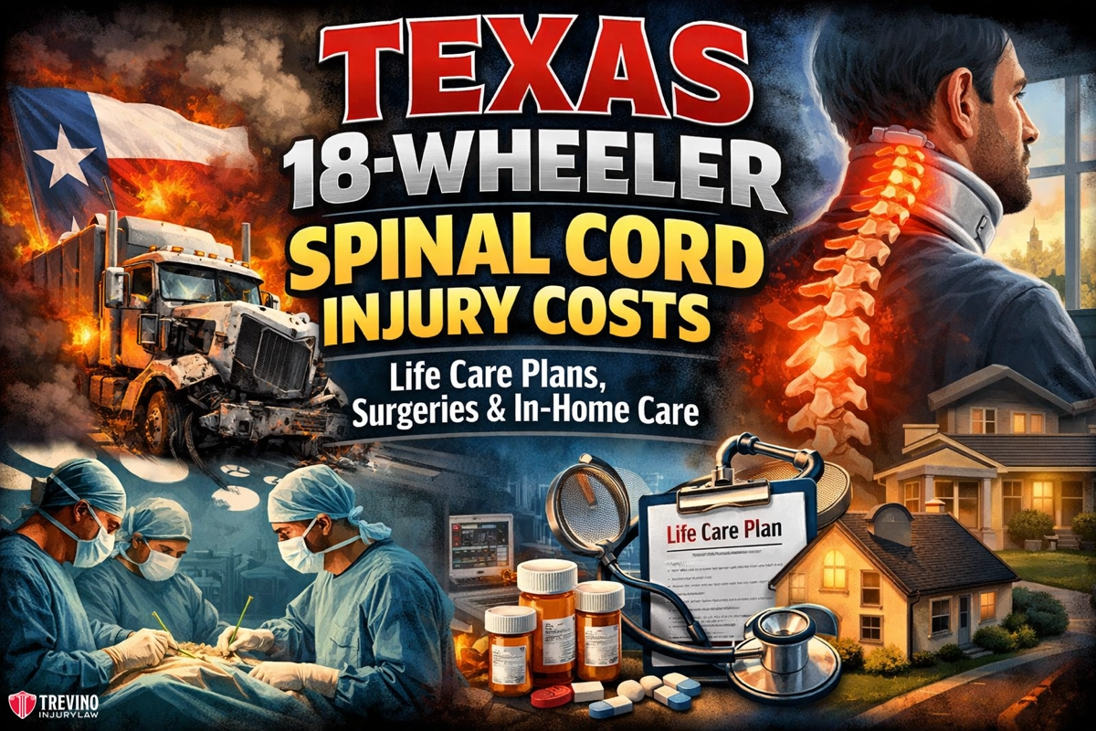 Spinal-cord-injury-18-wheeler A dramatic collage: a truck crash, a man’s glowing spine, surgeons operating, medicines and a stethoscope labeled “Life Care Plan,” and a peaceful home. Bold text reads “Texas 18-Wheeler Spinal Cord Injury Costs: Life Care Plans, Surgeries & In-Home Care.”.