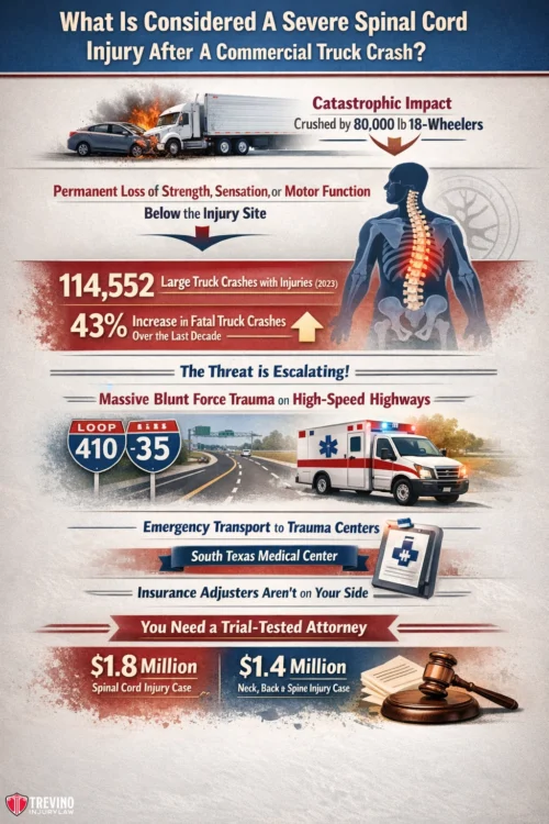 Spinal-cord-injury-commercial-truck. Infographic on severe spinal cord injuries from truck crashes, featuring a human spine illustration, crash statistics, dollar values, ambulance, 18-wheeler, gavel, highway signs, and warnings about high costs, injury severity, and the need for specialized legal help.