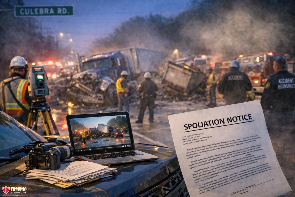Spoliation-Notice. A chaotic nighttime crash scene with emergency workers among wrecked trucks. In the foreground, a laptop, camera, notepad, and a “Spoliation Notice” document sit on a vehicle. The laptop displays an image of the crash. Culebra Rd. sign is visible above.