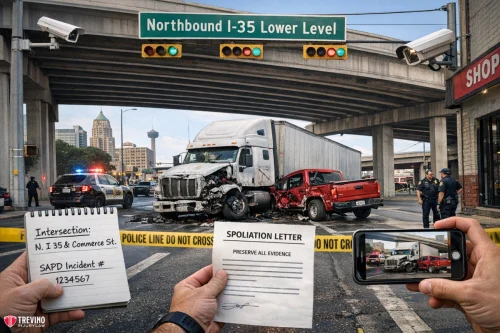 Spoliation-letter-18-wheeler. A semi-truck and red pickup are crashed under a highway sign for "Northbound I-35 Lower Level." Police and flashing lights are at the scene. Yellow tape blocks access. Foreground hands hold a police report, a spoliation letter, and a phone taking a photo of the wreck.