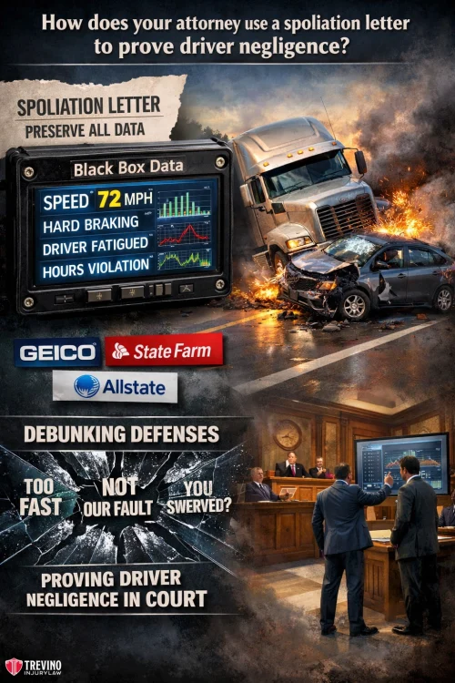 Spoliation-letter. A dramatic collage shows a truck-car crash, a black box data screen, insurance logos, and a courtroom scene with lawyers. Text explains how attorneys use spoliation letters and black box data to prove driver negligence and counter common defenses.