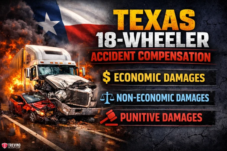 Texas-18-wheeler-accident compensation. A semi-truck crashed into a red car with flames and smoke, in front of a Texas flag backdrop. Text highlights "Texas 18-Wheeler Accident Compensation" and lists economic, non-economic, and punitive damages with relevant icons.