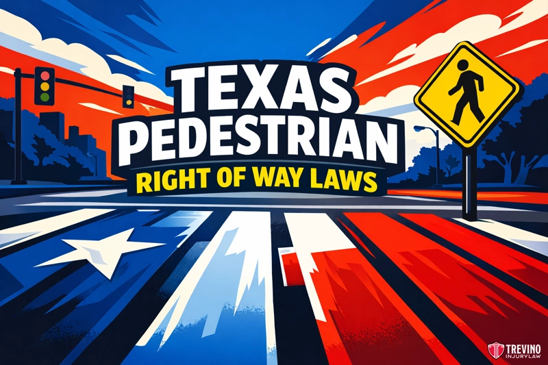 Texas pedestrian right of way laws. A bold graphic shows a crosswalk with the Texas flag design, a pedestrian crossing sign, and traffic lights. The text reads “Texas Pedestrian Right of Way Laws.” The background features stylized blue, red, and white rays and silhouettes of trees and buildings.