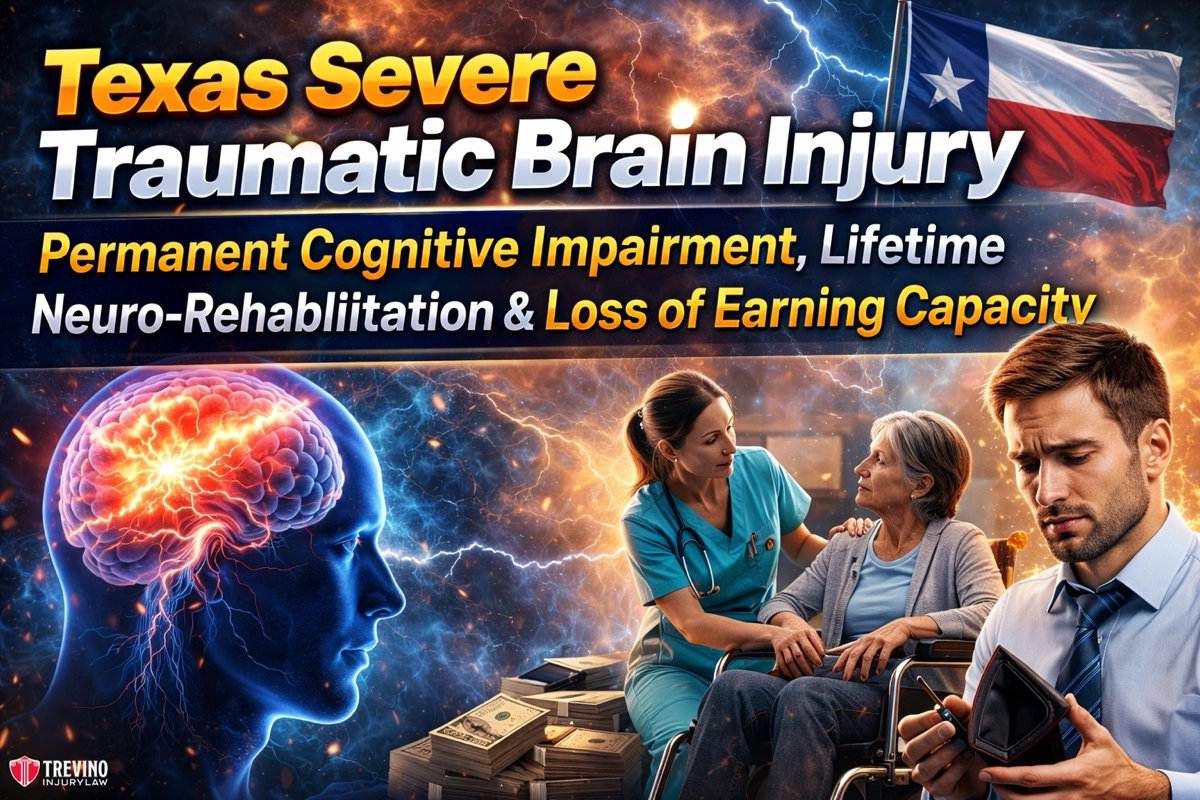 A dramatic graphic showing a brain silhouette with electrical activity, a nurse comforting an older woman in a wheelchair, and a man reviewing papers. Text includes “Texas Severe Traumatic Brain Injury” and effects like cognitive impairment and loss of earning capacity.