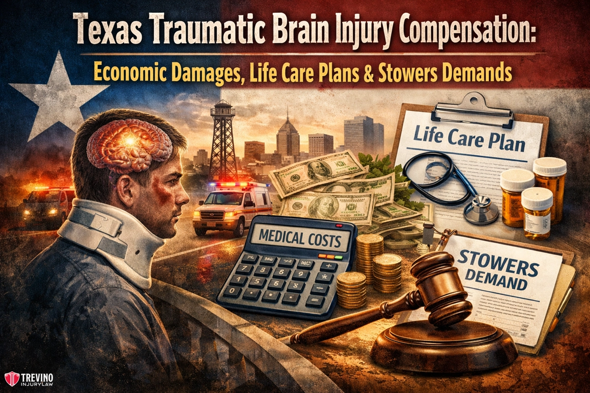 Texas-traumatic-brain-unjury-compensation. A man with a visible brain injury stands by Texas symbols, oil rig, and police cars. Foreground shows a calculator, cash, life care plan, medication bottles, a stethoscope, and a judge's gavel labeled “Stowers Demand.” Text describes Texas brain injury compensation.