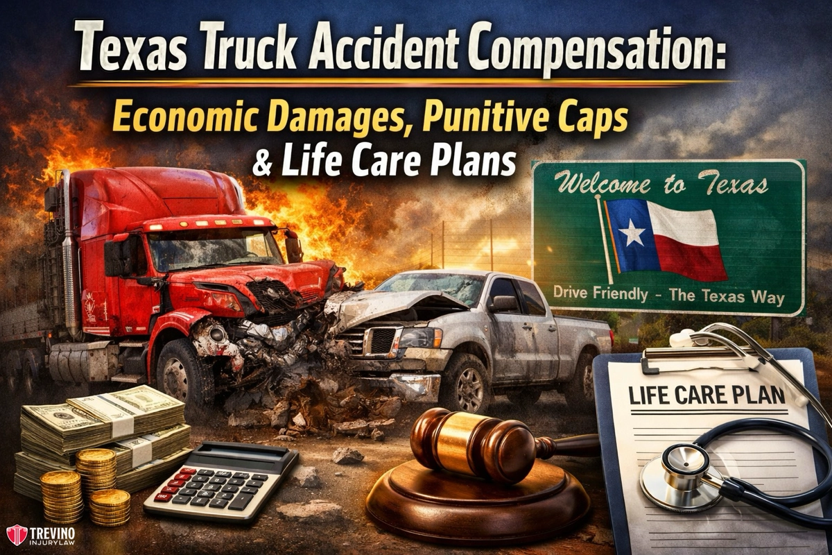 Texas-truck-accident-compensation. A red semi-truck and a gray pickup truck collide on a highway. Text reads “Texas Truck Accident Compensation: Economic Damages, Punitive Caps & Life Care Plans.” Texas road sign, calculator, gavel, and clipboard labeled “Life Care Plan” appear in the foreground.