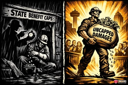 The Financial Disparity State Benefit Caps vs. Unrestricted Lawsuit Damages. A split image: Left side shows a sad worker under "State Benefit Caps," holding an empty clock over a small pile of coins. Right side, a happy worker strides with a big sack labeled "Uncapped Damages," overflowing with money, crowds and cityscape in the background.