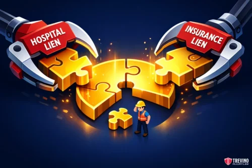 The Financial Impact of Medical Liens and Subrogation on Construction Accident Settlements. A worker in a hard hat stands between two robotic claws labeled “HOSPITAL LIEN” and “INSURANCE LIEN,” each holding puzzle pieces about to complete a puzzle. The background is dark blue with glowing highlights. Trevino Injury Law logo appears in the bottom right.