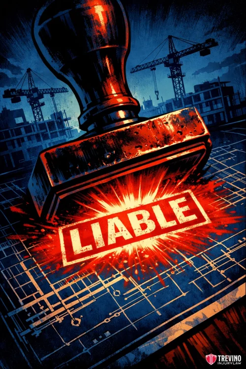 The Legal Standard for General Contractor Liability in Texas. A large red rubber stamp slams down on blue architectural plans, leaving a bold "LIABLE" mark. In the background, silhouettes of cranes and buildings suggest a construction site, with dramatic lighting and shadows emphasizing a sense of legal responsibility.