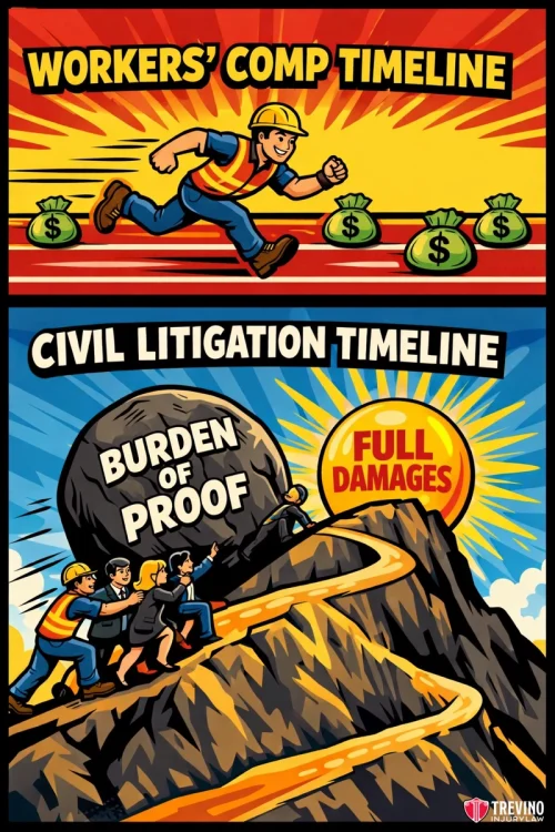 The Trade Off No Fault Speed vs. Proving External Negligence. The image compares two timelines: A worker quickly runs past bags of money on the “Workers’ Comp Timeline,” while a group struggles uphill, pushing a boulder labeled “Burden of Proof,” toward a distant “Full Damages” sign on the “Civil Litigation Timeline.”.