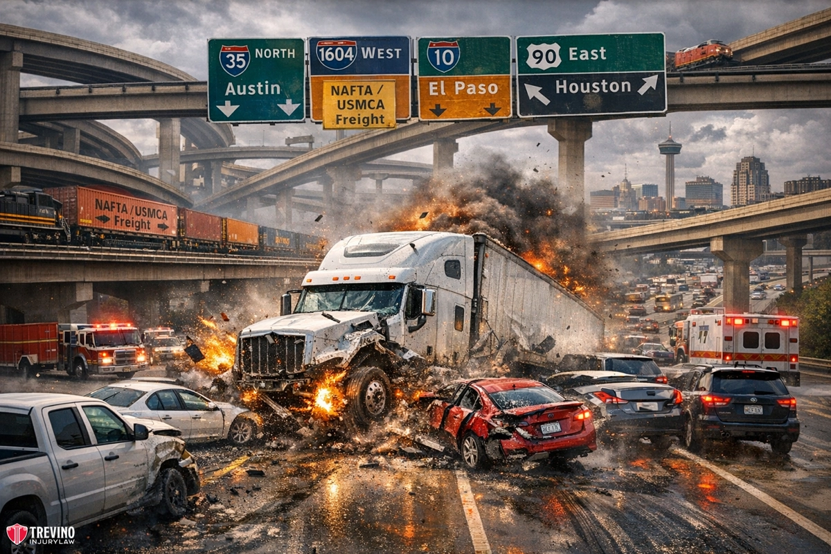 Traumatic-brain-injuries-roads. A white semi-truck crashes, causing debris and smoke, crushing several cars on a busy freeway under stormy skies. Multiple highway signs point to Austin, El Paso, and Houston, with city buildings and tangled overpasses in the background. Emergency vehicles are present.