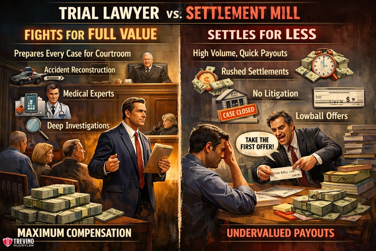 Trial-lawyer-vs-settlement-mill. Split image compares trial lawyers (left: calm, prepared, in courtroom with experts) versus settlement mills (right: rushed, stressed clients, “Take the first offer!” sign, “Case closed” stamp), highlighting maximum compensation vs. undervalued payouts.