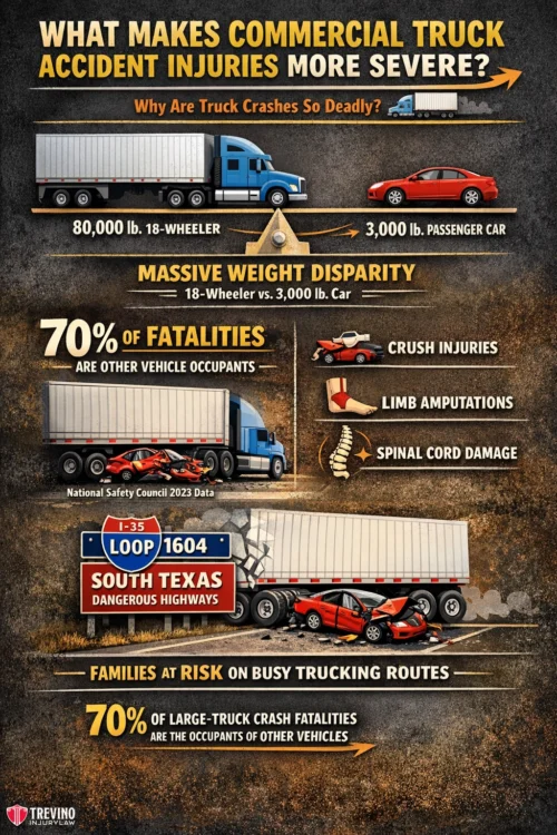Truck-Accident-injuries. Infographic showing that commercial truck crashes are severe due to weight disparity (80,000 lb truck vs. 3,000 lb car). 70% of fatalities are other vehicle occupants. Injuries include crush, amputations, and spinal cord damage. Families at risk on busy routes.