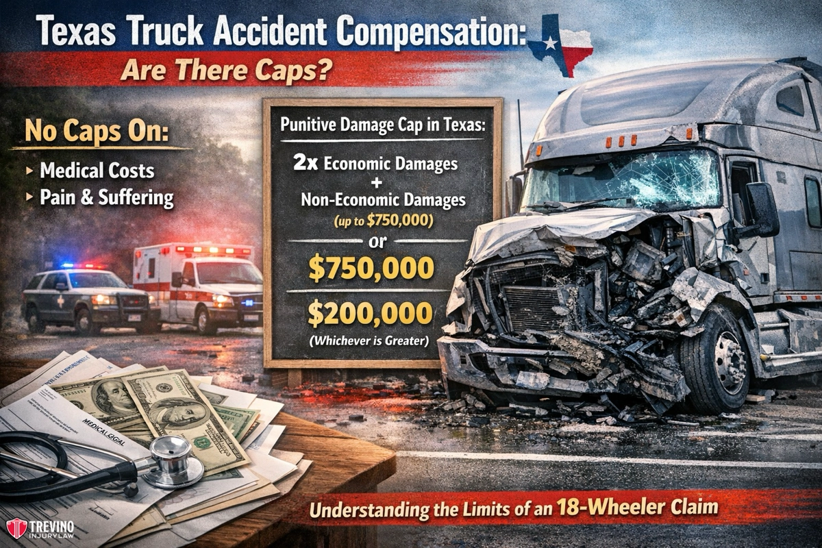 Truck-accident-compensation. A severely damaged semi-truck and car are shown after an accident. Text details Texas truck accident compensation caps, highlighting no caps on medical costs and pain & suffering, with punitive damage caps listed. Money, documents, and a stethoscope are also pictured.