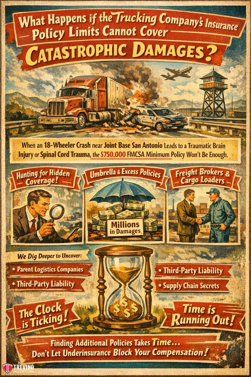 Trucking-companys-insurance. Vintage-style legal advert shows a crashing semi-truck, injured man, and burning money. Headlines ask what happens if trucking insurance doesn’t cover catastrophic damages. Lists extra coverages, shows hourglass, and urges finding more insurance to avoid lost compensation.
