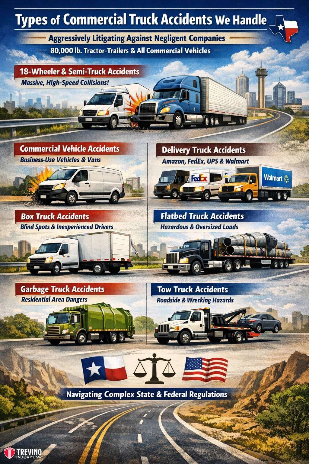 Types-of-commercial-truck-accidents. Illustrated infographic showing types of commercial truck accidents: 18-wheeler/semi-truck, delivery trucks, box trucks, flatbed trucks, garbage trucks, and tow trucks, with visual examples on highways. Legal icons and Texas flag at the bottom indicate legal assistance.