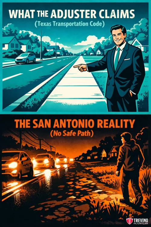Was the Pedestrian at Fault for Walking on the Road Instead of a Sidewalk in Texas? A split-image compares a neat, safe sidewalk (top, man in suit pointing) with a hazardous roadside path (bottom, man facing traffic, no sidewalk), highlighting the gap between official claims and reality in San Antonio. Orange hues emphasize danger at the bottom.