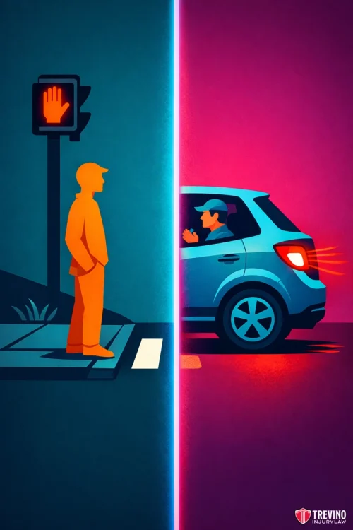 What Are the Exact Texas Pedestrian Right of Way Laws for Mid Block Crossings? A split image shows a pedestrian on a sidewalk beside a red stop signal on the left, and a driver in a car on the right. The left side has blue tones; the right, pink. Both characters face each other, highlighting pedestrian and driver safety.