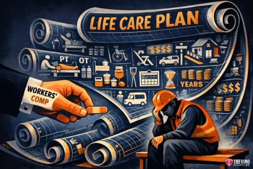 What Damages Can You Recover in a Lawsuit That Workers Comp Wont Pay? A large, unfurled blueprint labeled "Life Care Plan" shows icons for medical care, money, and time. A sad worker in a hard hat sits holding his head. A hand offers a "Workers' Comp" bandage, seeming insufficient for the worker's needs.