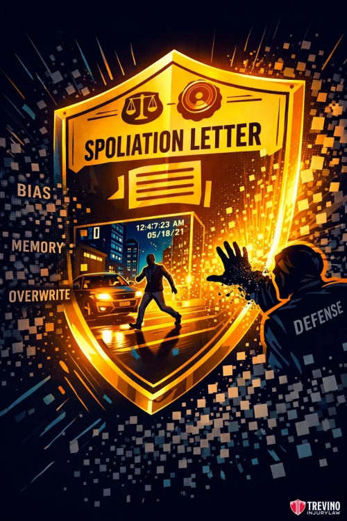 What Evidence Is Needed to Overcome a Jaywalking Defense in Texas? A glowing golden shield labeled “Spoliation Letter” with law symbols protects evidence: a nighttime car accident with a timestamp. Words like “bias,” “memory,” “overwrite” surround it. A shadowy figure labeled “defense” dissolves near the shield’s edge.