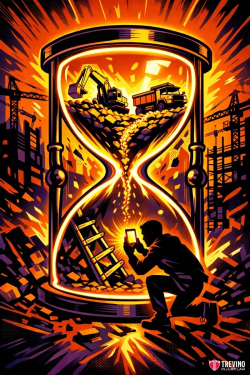 What Should Be on Your Construction Accident Evidence Checklist? A glowing hourglass filled with rocks shows construction vehicles at the top and a person with a tablet at the bottom. The background has cranes and scaffolding, symbolizing time running out for construction work. The scene is illuminated in orange and yellow tones.