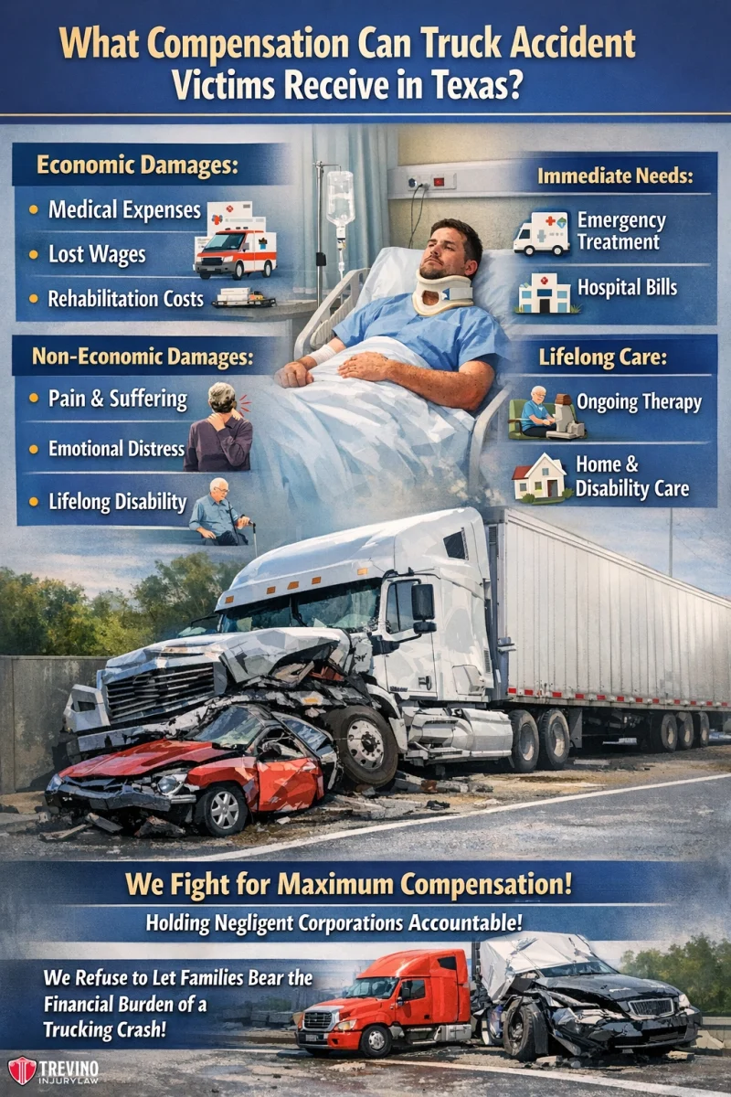 What-compensation-can-truck-accident-victims-receive-in-texas. A poster shows a truck accident victim in a hospital bed, a damaged car and truck, and a family. It lists types of compensation in Texas: economic, non-economic, immediate, and lifelong damages. Bold headline and a law firm's branding are included.
