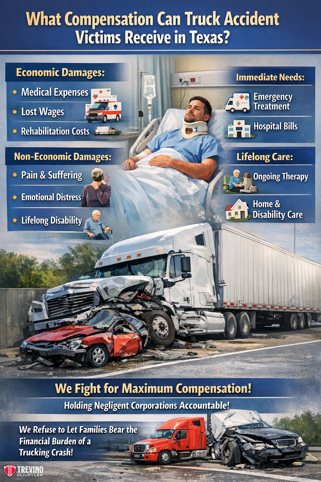 What-compensation-can-truck-accident-victims-receive-in-texas. A poster shows a truck accident victim in a hospital bed, a damaged car and truck, and a family. It lists types of compensation in Texas: economic, non-economic, immediate, and lifelong damages. Bold headline and a law firm's branding are included.