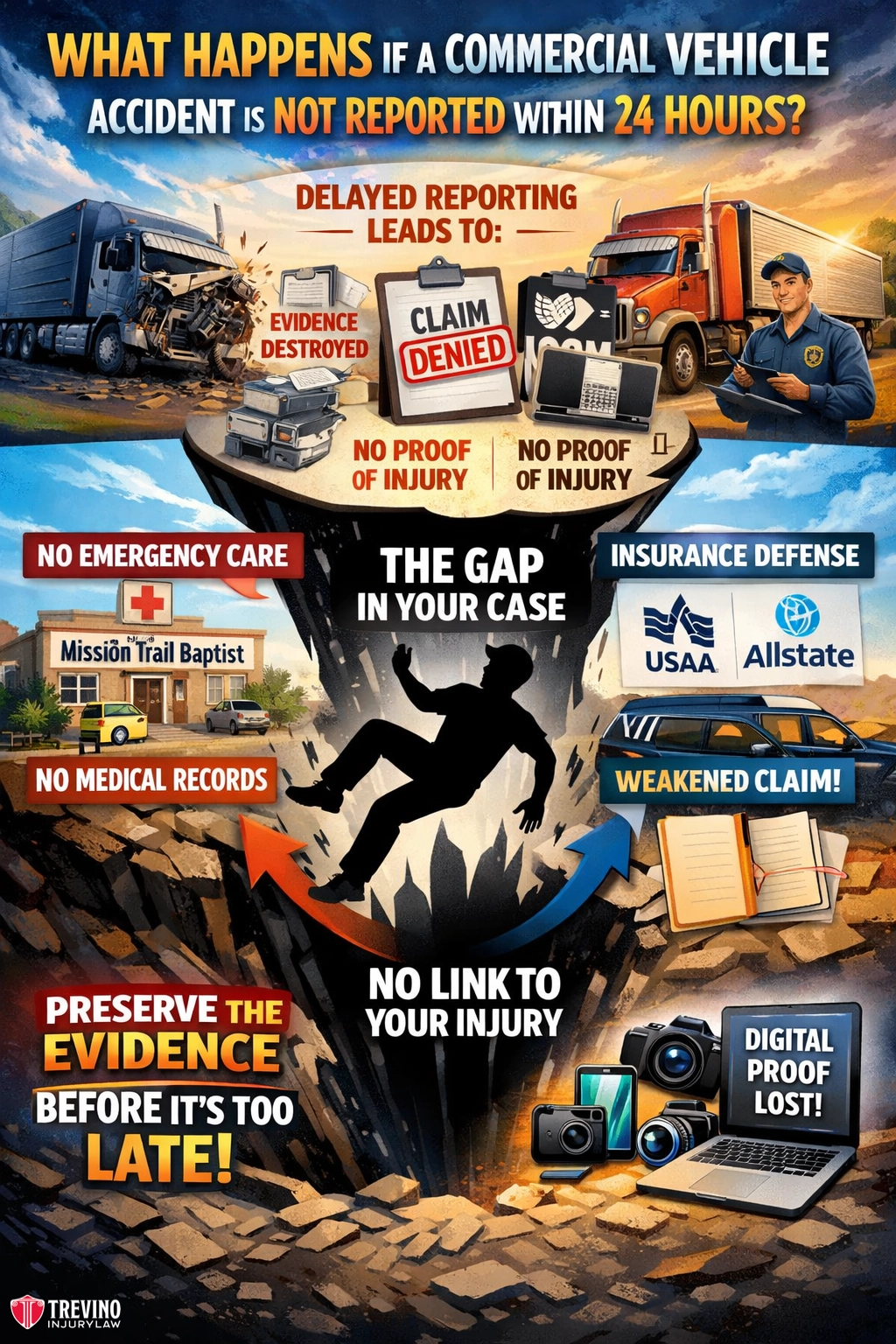 What-happens-if-a-commercial-vehicle-accident-is-not-reported-within-24-hours. A colorful infographic shows the dangers of delaying accident reports for commercial vehicle crashes. A figure falls into a gap labeled “THE GAP IN YOUR CASE,” surrounded by icons of denied claims, destroyed evidence, missing records, and weakened claims.