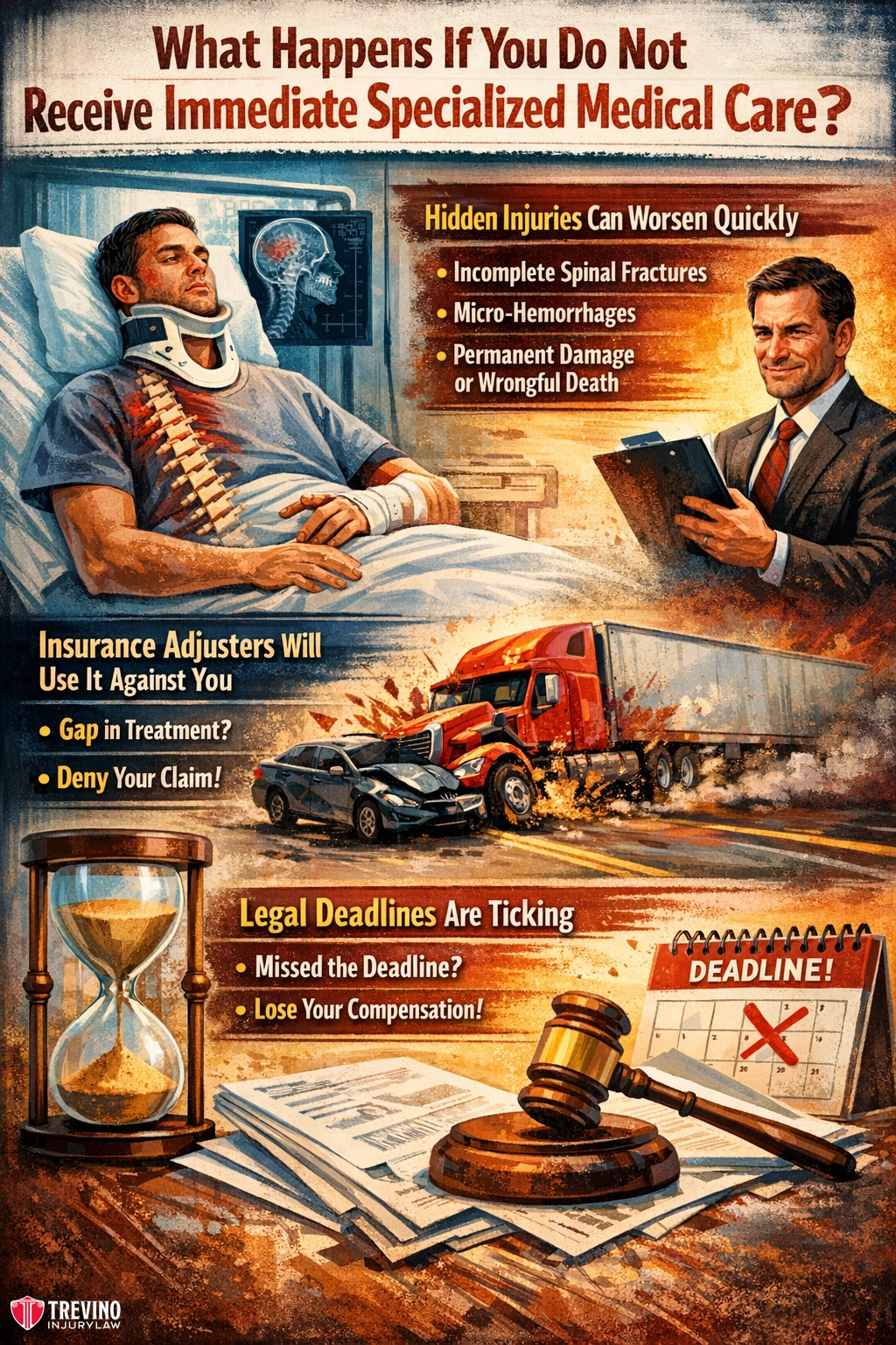 What-happens-if-you-do-not-receive-immediate-medical-care. A man with neck and arm braces lies in a hospital bed. Beside him, a lawyer holds documents, a damaged truck is shown crashing, an hourglass pours sand, and a gavel strikes near a "DEADLINE!" paper. Bold text warns of injury, insurance, and legal risks if care is delayed.