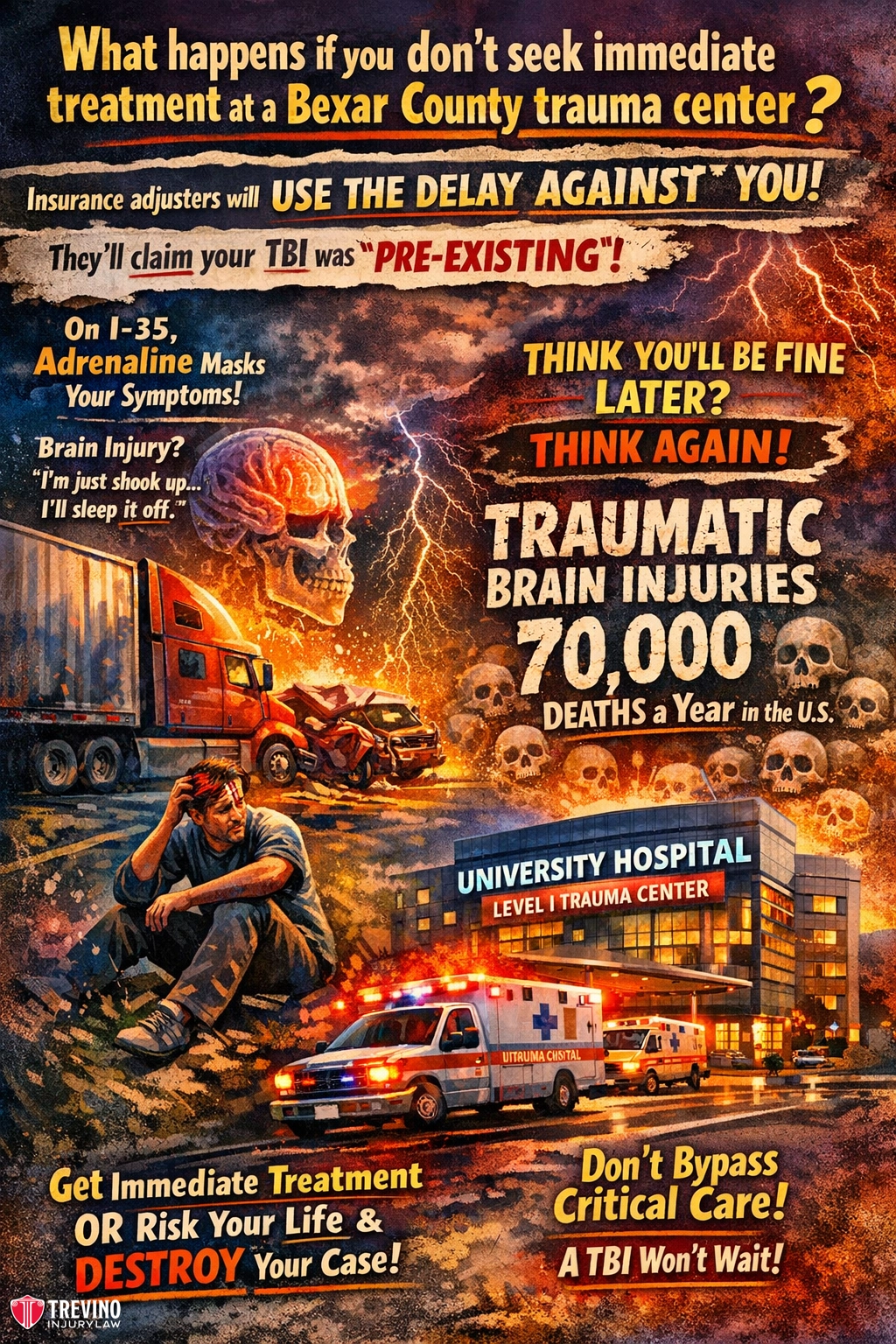 What-happens-if-you-dont-seek-medical-attention-trauma-center A dramatic poster warns about seeking immediate trauma care, showing a wrecked truck, an injured man, skulls, and an ambulance. Bold text highlights insurance issues, traumatic brain injuries, and urges not to delay or bypass critical care in emergencies.