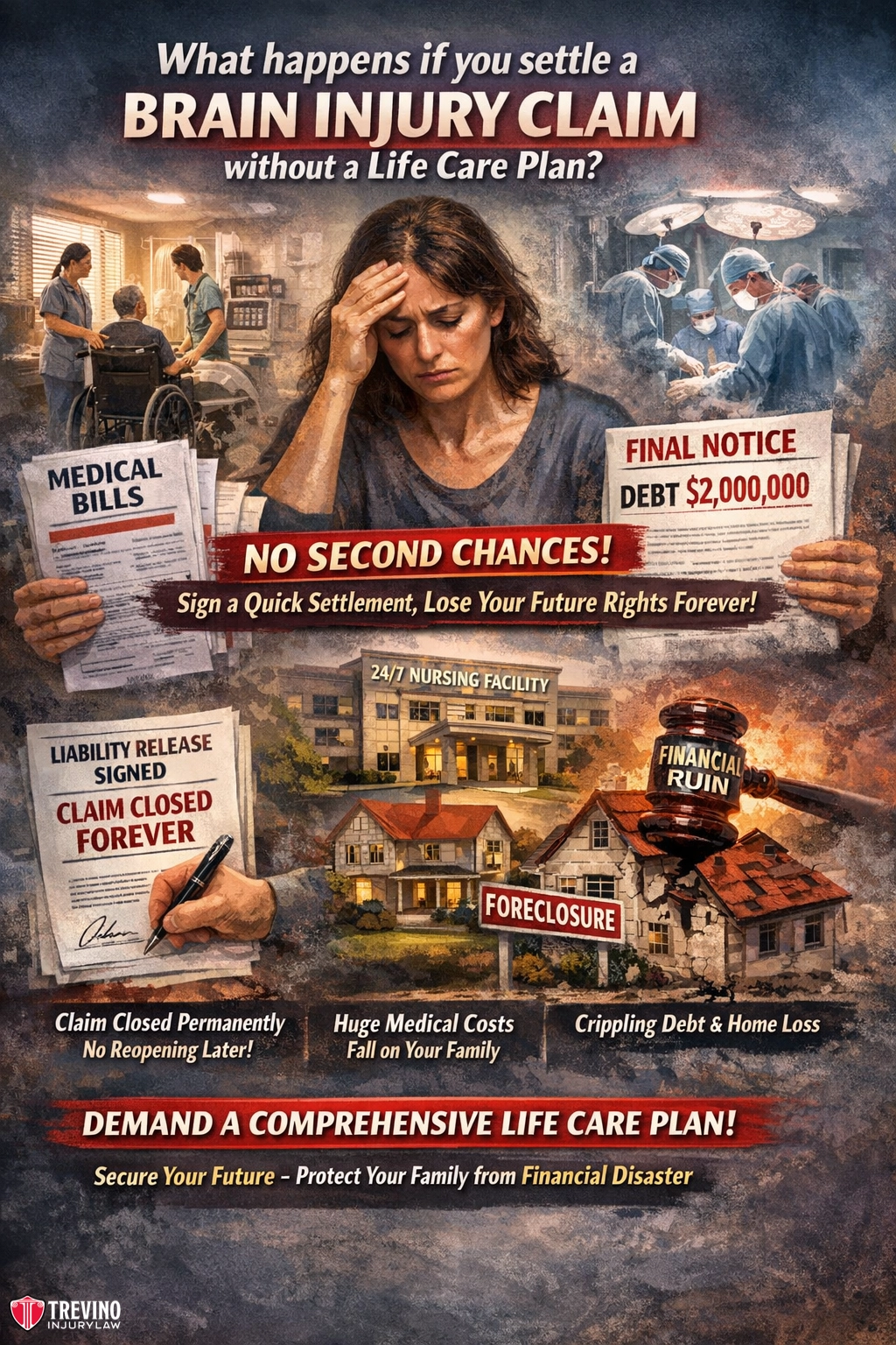 What-happens-if-you-settle-a-brain-injury-claim-withou-a-life-care-plan. A distressed woman sits at a table covered with medical bills, holding her head. Signs show “Final Notice Debt $2,000,000” and “Medical Bills.” Behind, images of a nursing facility, foreclosure, and financial ruin warn about consequences of settling a brain injury claim without a life care plan. Bold text urges demanding a comprehensive plan.