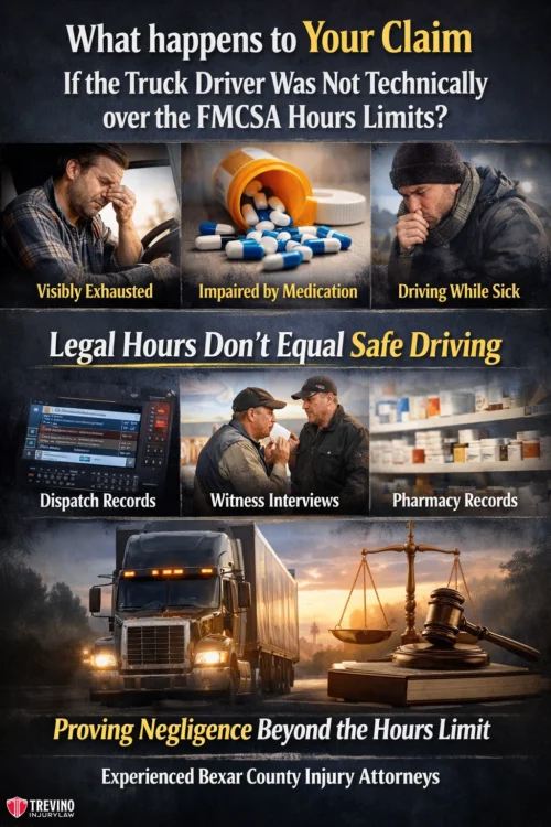 What-happens-to-Your-Claim-If-the-Truck-Driver-Was-Not-Technically-over-the-FMCSA-hours-limits. Infographic showing risks of truck drivers: visibly exhausted, impaired by medication, driving while sick. Legal hours don’t always mean safe driving. Evidence includes dispatch records, interviews, and pharmacy records. Promotes a Bexar County injury law firm.