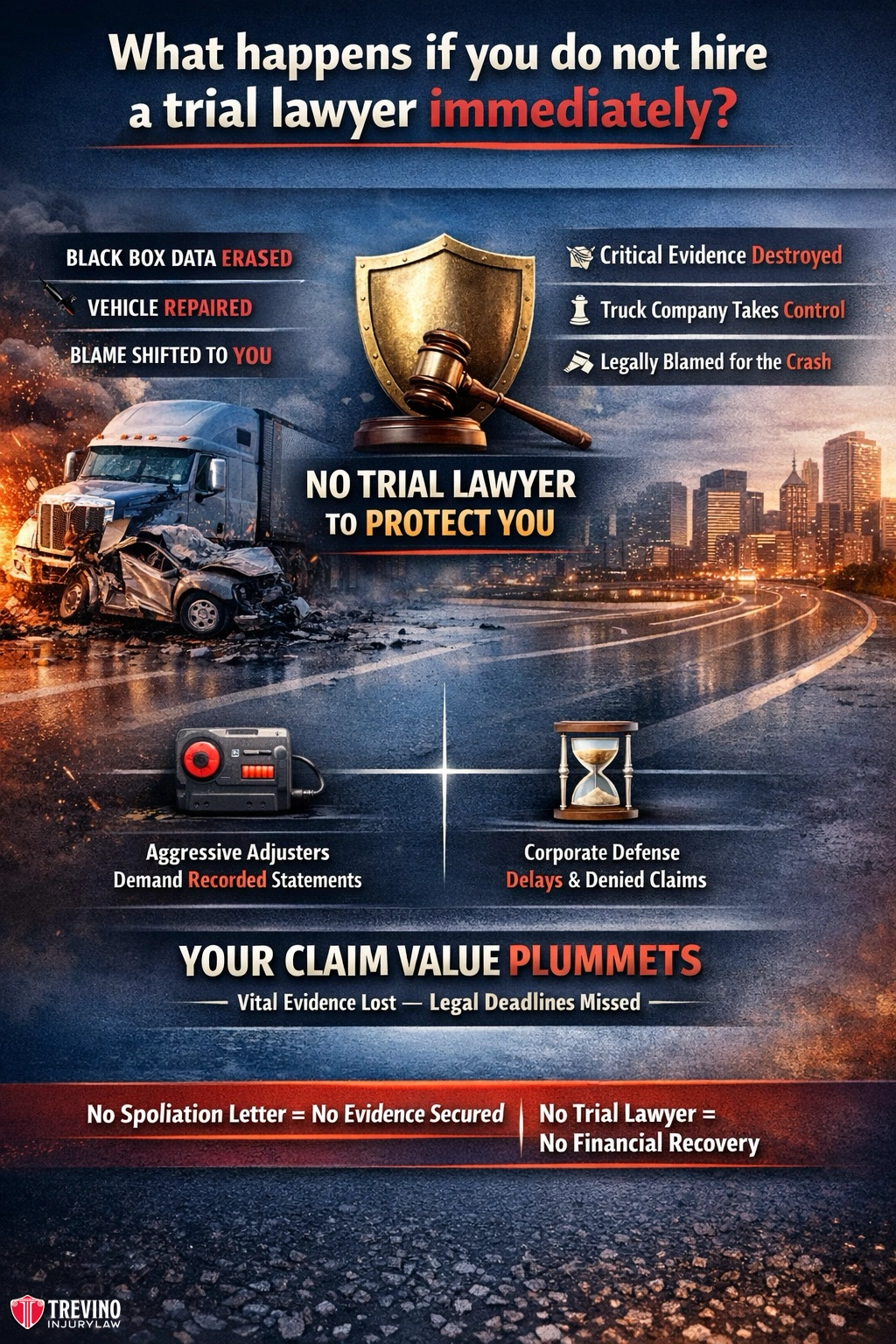 What-happes-if-you-dont-hire-a-trial-lawyer-tuck-accident An infographic shows a crashed truck, shield icon, and text warning of risks if you don’t hire a trial lawyer: erased data, destroyed evidence, lost vehicle, blame, lower claim value, missed deadlines, and being blamed for the crash. Red and yellow accents highlight urgency.