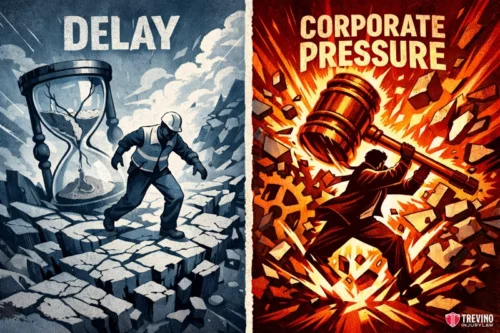 What is the exact two year Texas statute of limitations for third party claims. Left: A construction worker walks on cracked ground as sand runs out in a large hourglass, symbolizing delay. Right: A figure in a suit smashes through walls with a giant gavel amid explosions, representing corporate pressure.