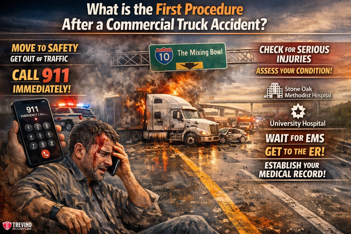 What-is-the-first-procedure-after-a-commercial-truck-accident. A distressed man with a head wound sits by a burning road after a truck accident. Emergency responders, crashed trucks, smoke, and flames are visible. Safety steps and hospital logos are listed, emphasizing calling 911 and checking for serious injuries.