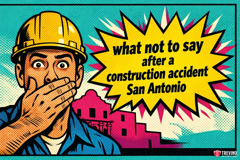 What not to say after a construction accident. A comic-style illustration of a surprised construction worker in a yellow hard hat covering his mouth. A burst graphic reads, "what not to say after a construction accident San Antonio." The background includes a pink building outline and dotted blue sky.