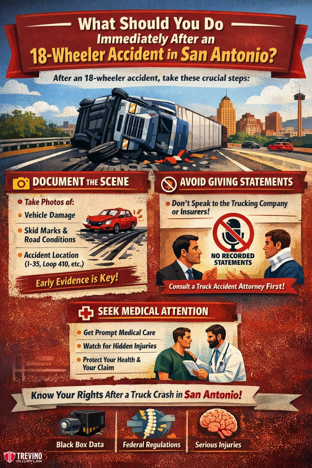 AWhat-should-you-do-after-an-18-wheeler-accident-San-antonio. n infographic shows a derailed semi-truck on a highway overpass. Steps after an 18-wheeler accident include: document scene, avoid giving statements, seek medical help, and know your rights. Icons and tips emphasize quick action and legal consultation.