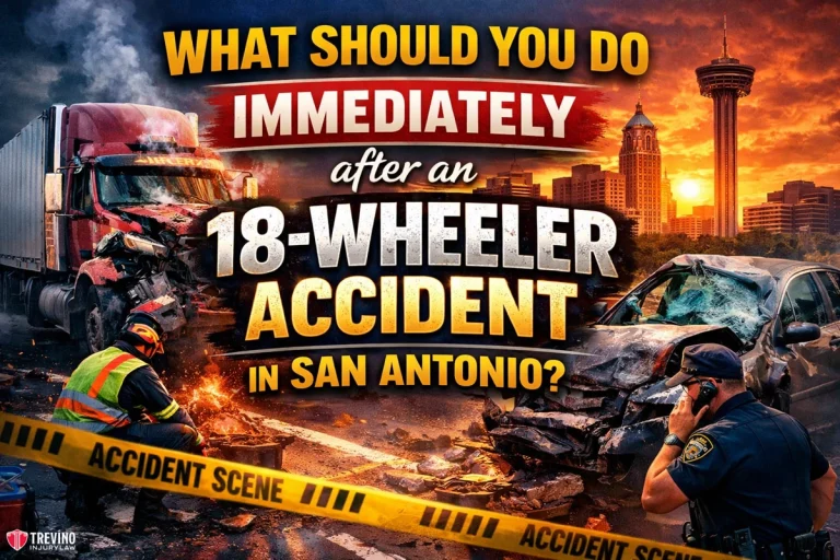 What-should-you-do-immediately-18-wheeler-accident-san-antonio. A fiery crash scene shows a damaged 18-wheeler truck and car surrounded by debris, smoke, and flames. Police and a worker investigate behind yellow "Accident Scene" tape. Bold text asks, “What should you do immediately after an 18-wheeler accident in San Antonio?”.