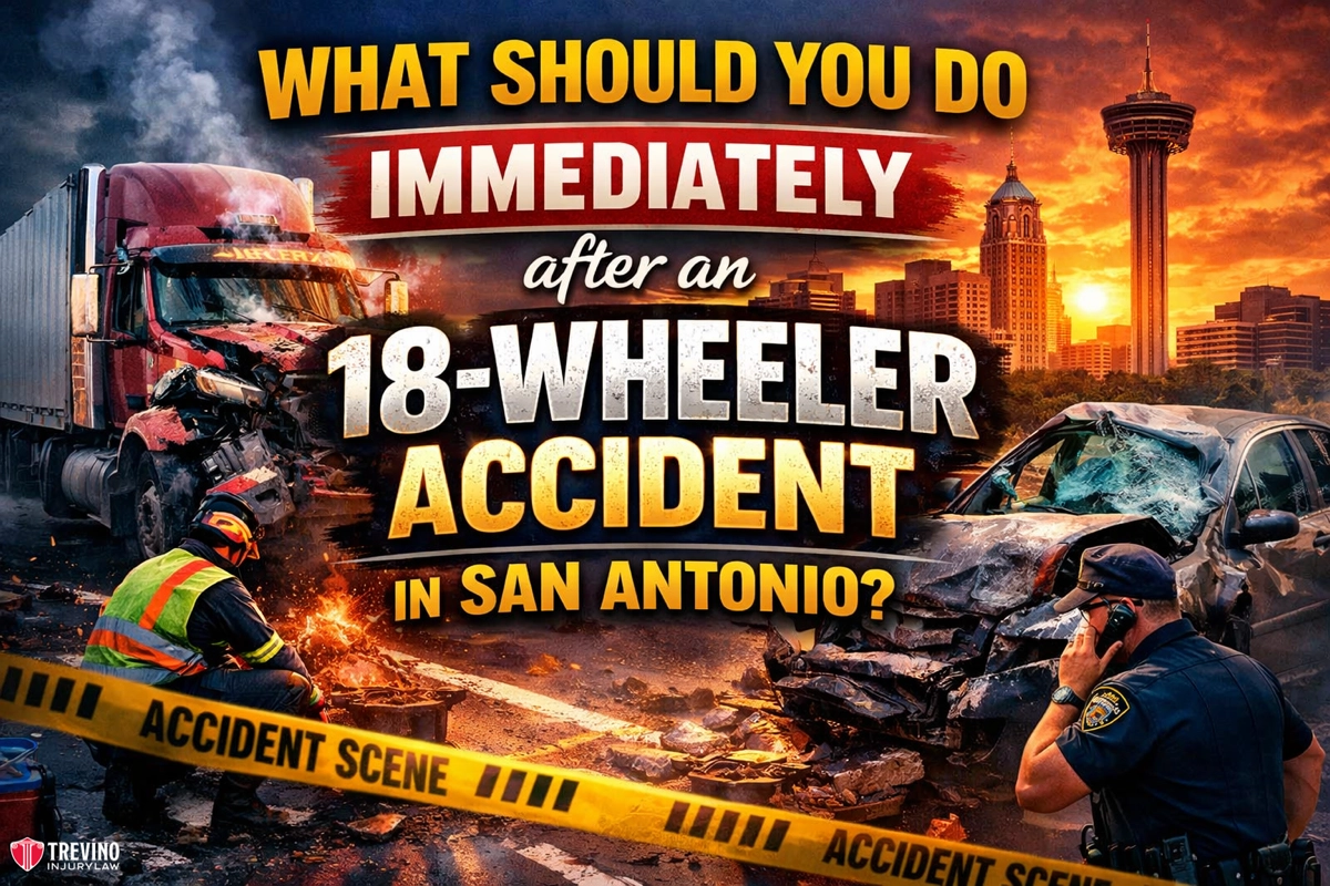 What-should-you-do-immediately-18-wheeler-accident-san-antonio. A fiery crash scene shows a damaged 18-wheeler truck and car surrounded by debris, smoke, and flames. Police and a worker investigate behind yellow "Accident Scene" tape. Bold text asks, “What should you do immediately after an 18-wheeler accident in San Antonio?”.