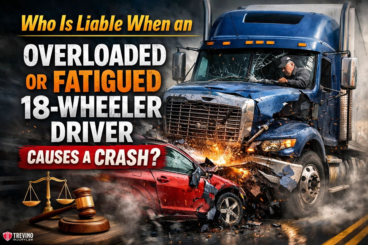Who-Is-Liable-When-an-Overloaded-or-Fatigued-18-Wheeler-Driver-Causes-a-Crash. A blue semi-truck crashes into a red car, causing severe damage. Large bold text reads: “Who is liable when an overloaded or fatigued 18-wheeler driver causes a crash?” with law-related icons like scales and a gavel on the bottom left.