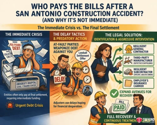 Who is legally responsible for paying my medical bills after a San Antonio construction accident? Infographic explains post-accident financial struggles for San Antonio construction workers, highlighting immediate debt crisis, insurance delay tactics, and steps to legal settlement for full recovery, with illustrations of worried workers, bills, and legal professionals.