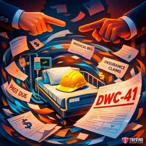 Who is strictly liable for ER bills immediately after a construction site fall? A hospital bed with a yellow hard hat sits amid swirling medical bills, past due notices, insurance claims, and a prominent "DWC-41" form. Two large hands point in accusation while dollar signs and legal documents fill the chaotic scene.