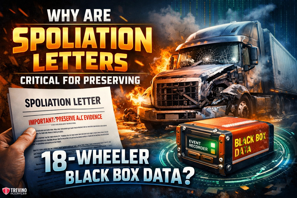 Why-Are-Spoliation-Letters-Critical-for-Preserving-18-Wheeler-Black-Box-Data . A hand holds a “Spoliation Letter” document in front of a damaged 18-wheeler truck. Text reads: “Why are spoliation letters critical for preserving 18-wheeler black box data?” An illustrated black box labeled “Event Recorder Black Box Data” is shown.