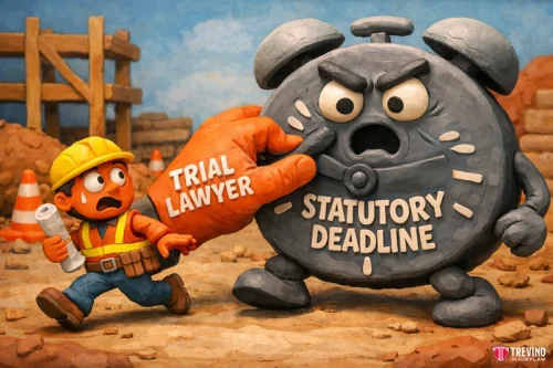Why Do You Need a Trial Lawyer to Fight a Retaliatory Firing? A claymation-style scene shows a worried construction worker holding blueprints. A giant alarm clock labeled “STATUTORY DEADLINE” is being poked in the face by a large orange hand labeled “TRIAL LAWYER” at a construction site with cones and wooden scaffolding.