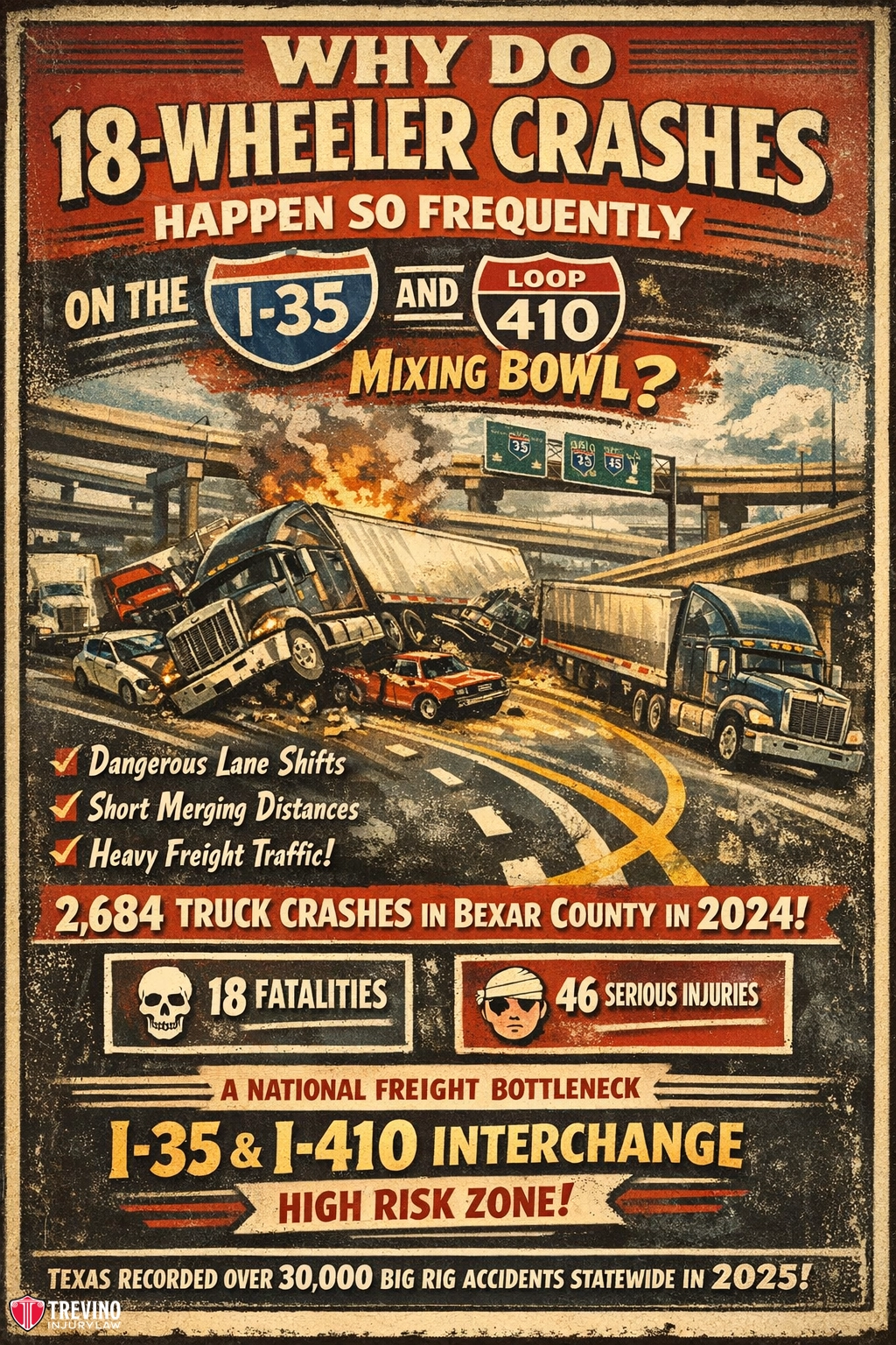 Why-do-18-wheeler-crashes-happen-frequently. Vintage-style infographic showing two 18-wheeler trucks crashing on a highway interchange. Text highlights frequent crashes on I-35 and Loop 410, causes like lane shifts, and stats: 2,684 crashes in 2024, 18 fatalities, and 46 serious injuries in Bexar County.