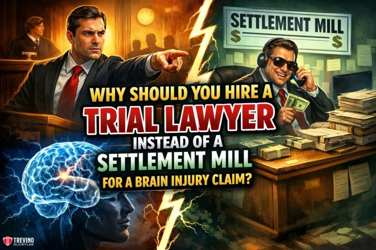 Why-should-you-hire-a-trial-lawyer-instead-of-a-settlement-mill-for-a-brain-injury-claim. A serious trial lawyer in court points forward, contrasting with a grinning man in sunglasses at a messy desk labeled “Settlement Mill,” holding money. Large bold text asks why to hire a trial lawyer for a brain injury claim, with an illustration of a glowing brain.