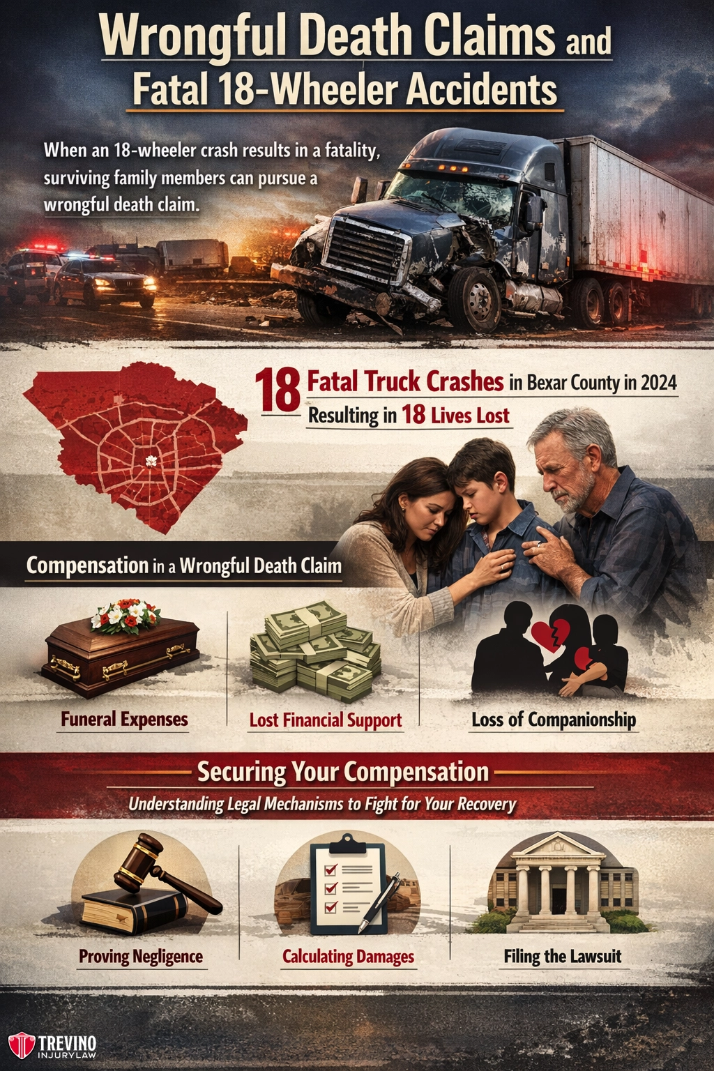 Wrongful-death-claims-18-wheeler. An infographic shows a crashed semi-truck, a grieving family, a Texas county map, and icons for funeral expenses, lost income, and companionship. It details 18 fatal truck crashes in Bexar County in 2024 and explains wrongful death claims and compensation.