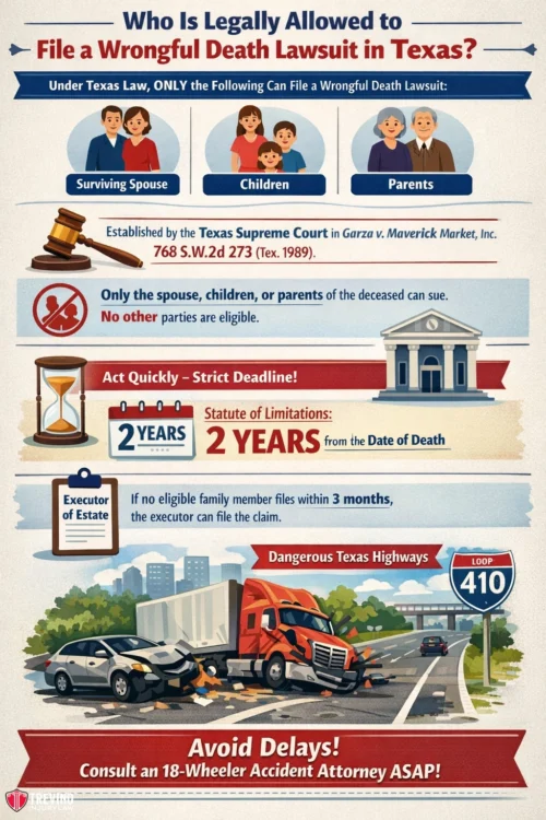 Wrongfull-death-18-wheeler. Infographic explaining who can file a wrongful death lawsuit in Texas: surviving spouse, children, or parents. Features icons for court, family, highways, a calendar, and a red truck accident. Urges quick action and consulting an attorney after 18-wheeler accidents.